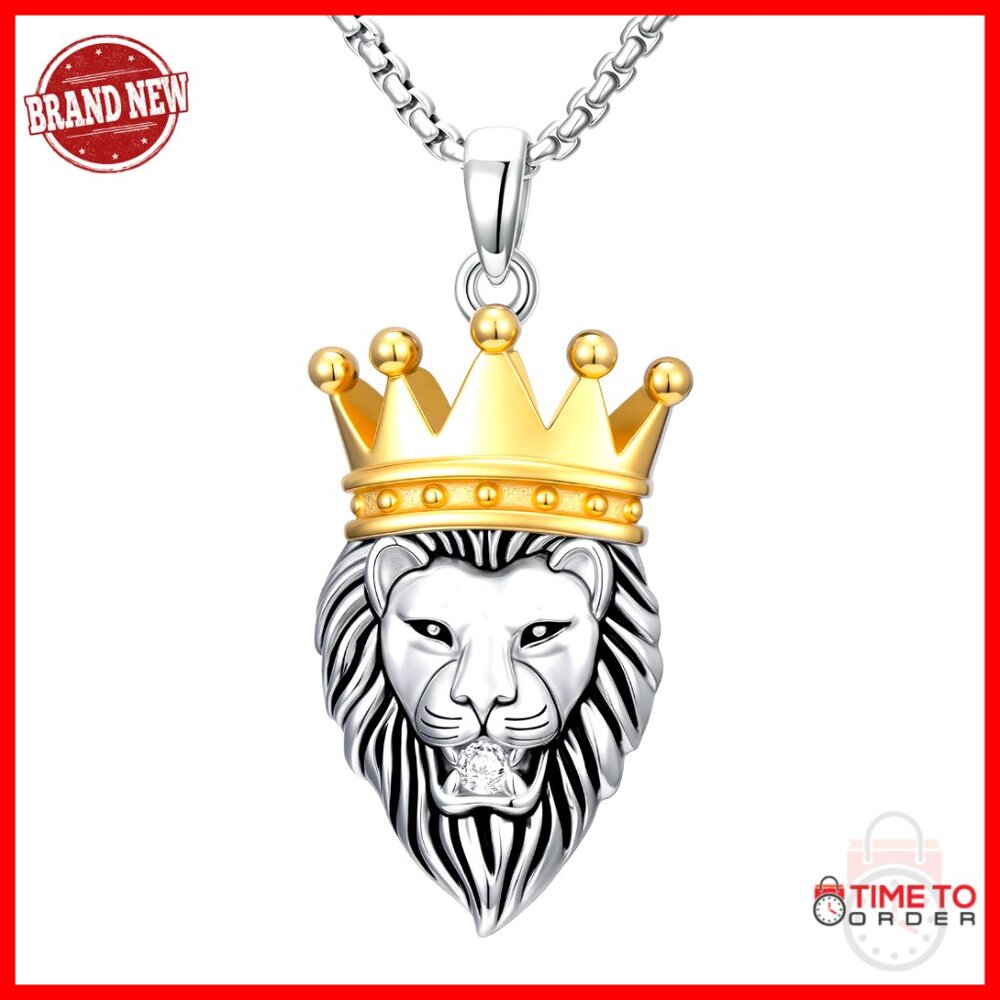 Sterling Silver Lion Pendant Necklace With Crown, 22+2 Inch Chain